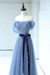 Champagne Bridesmaid Dress, Blue Floor Length Prom Dress, A-line Strapless Tulle Evening Dress
