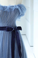 Wedding Aesthetic, Blue Floor Length Prom Dress, A-line Strapless Tulle Evening Dress