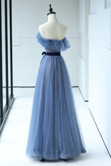 Sage Green Wedding, Blue Floor Length Prom Dress, A-line Strapless Tulle Evening Dress