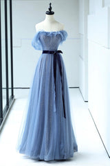 Beach Wedding Dress, Blue Floor Length Prom Dress, A-line Strapless Tulle Evening Dress