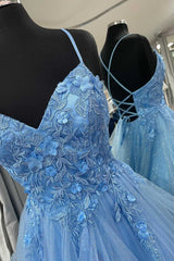 Formal Dress Short, Blue Floral Appliques Lace-Up Tiered A-Line Prom Dress Holiday Dresses