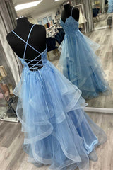 Formal Dress Elegant Classy, Blue Floral Appliques Lace-Up Tiered A-Line Prom Dress Holiday Dresses