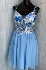 Bridesmaid Dresses Trends, Blue Floral Embroidered A-line Short Homecoming Dresses