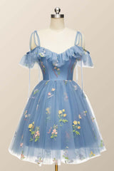 Party Dresses For Short Ladies, Blue Floral Ruffle A-line Homecoming Dress