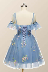 Party Dress Mini, Blue Floral Ruffle A-line Homecoming Dress