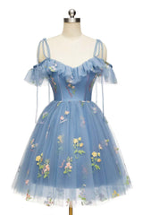 Party Dresses Mini, Blue Floral Ruffle A-line Homecoming Dress