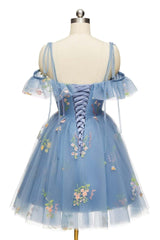 Party Dress For Cocktail, Blue Floral Ruffle A-line Homecoming Dress