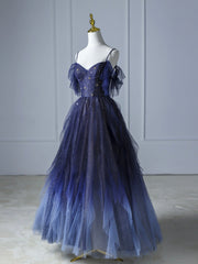Formal Dress Australia, Blue Gradient Tulle Long Prom Dress,Beautiful Spaghetti Strap Celebrity Dresses