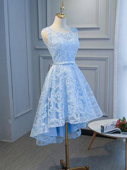 Prom Dress Style, Blue High Low Lace Prom Dresses, Blue High Low Lace Graduation Homecoming Dresses