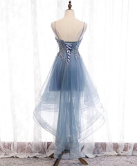 Pink Dress, Blue High Low Tulle V-neckline Straps Party Dress with Lace, Cute Homecoming Dress