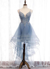 Prom Dress Two Pieces, Blue High Low Tulle V-neckline Straps Party Dress with Lace, Cute Homecoming Dress