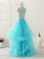 Homecoming Dress Black Girl, Blue High Neck Tulle Long Prom Dress Blue Evening Dress