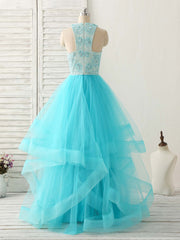 Homecoming Dresses Baby Blue, Blue High Neck Tulle Long Prom Dress Blue Evening Dress
