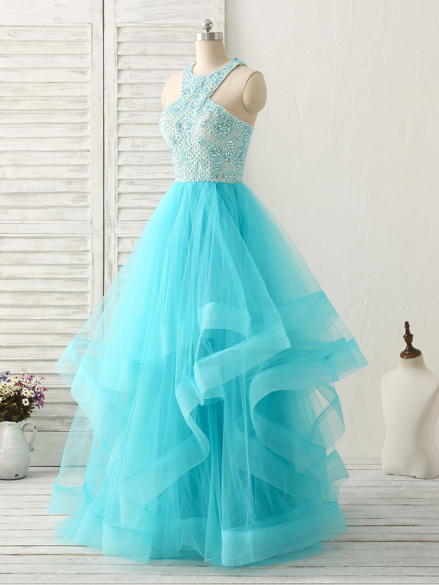 Homecoming Dresses Modest, Blue High Neck Tulle Long Prom Dress Blue Evening Dress
