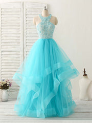 Homecoming Dresses Black Girl, Blue High Neck Tulle Long Prom Dress Blue Evening Dress