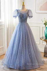 Homecomming Dresses Black, Blue Illusion Neck Puff Sleeves A-line Sequined Long Prom Dress