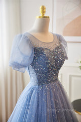 Homecoming Dresses Pink, Blue Illusion Neck Puff Sleeves A-line Sequined Long Prom Dress