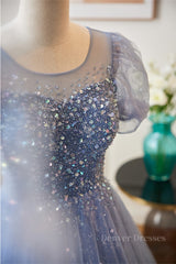 Homecoming Dress Pink, Blue Illusion Neck Puff Sleeves A-line Sequined Long Prom Dress