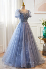 Homecoming Dresses With Sleeves, Blue Illusion Neck Puff Sleeves A-line Sequined Long Prom Dress