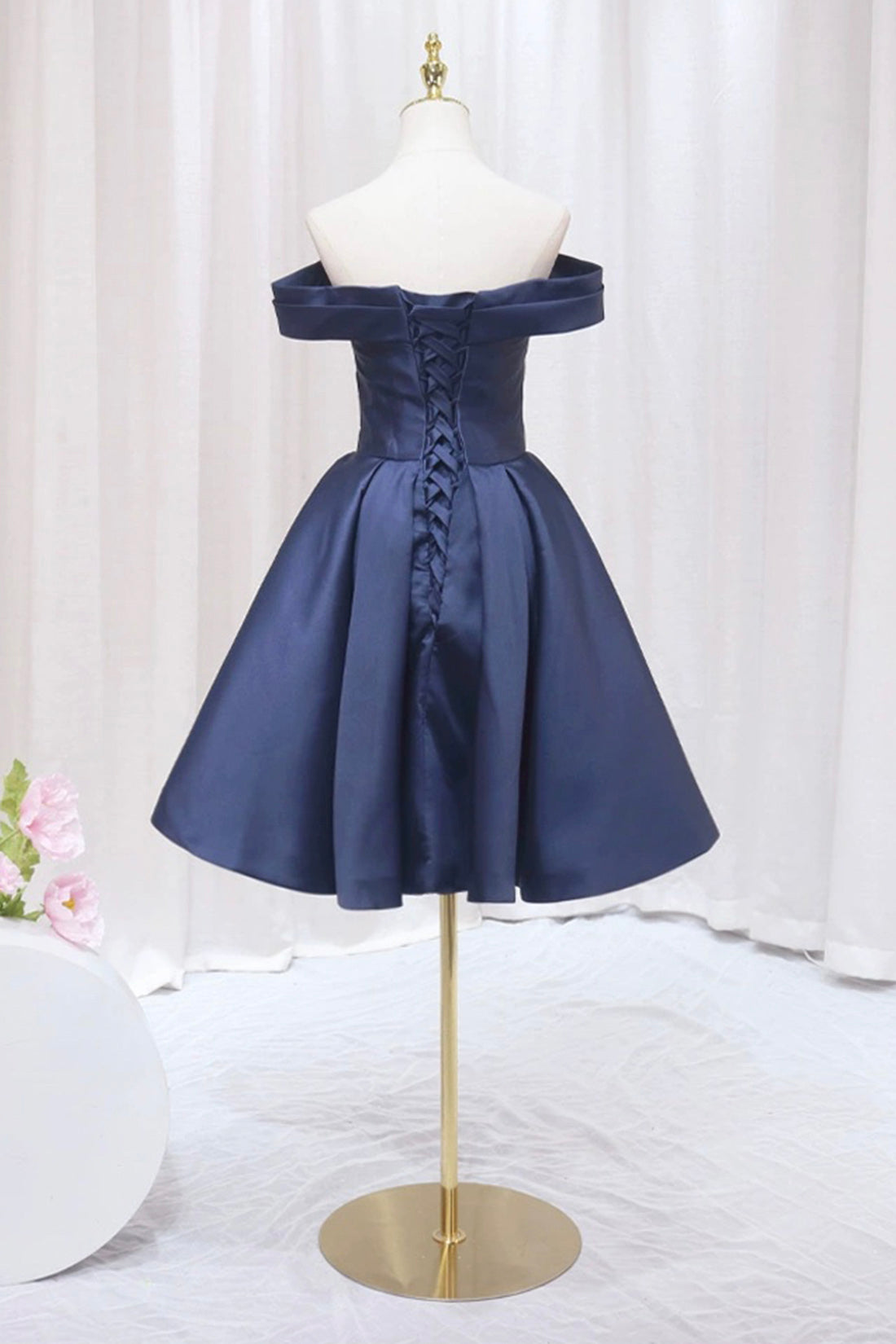 Party Dress Websites, Blue Knee Length Satin Short Prom Dress, Off the Shoulder Blue Homecoming Dress