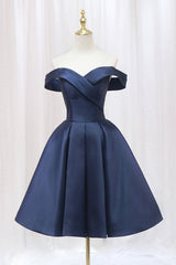 Party Dress Inspiration, Blue Knee Length Satin Short Prom Dress, Off the Shoulder Blue Homecoming Dress