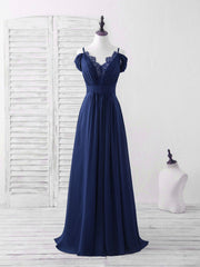 Party Dress New Look, Blue Lace Chiffon Long Prom Dress Blue Bridesmaid Dress