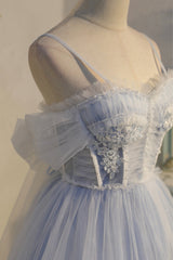 Prom Dress Two Piece, Blue Lace Short A-Line Prom Dress, Blue Spaghetti Straps Homecoming Party Dress