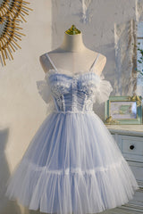 Prom Dress Ideas Black Girl, Blue Lace Short A-Line Prom Dress, Blue Spaghetti Straps Homecoming Party Dress
