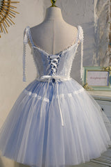 Prom Dress Graduacion, Blue Lace Short A-Line Prom Dress, Cute V-Neck Homecoming Party Dress