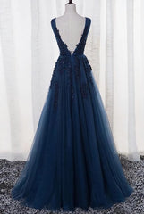 Prom Dress Aesthetic, Blue Long A-line Bridesmaid Dress, Dark Blue Tulle Party Dress