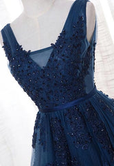 Prom Dresses Aesthetic, Blue Long A-line Bridesmaid Dress, Dark Blue Tulle Party Dress
