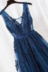 Prom Dresses Backless, Blue Long A-line Bridesmaid Dress, Dark Blue Tulle Party Dress
