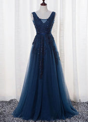 Prom Dress Type, Blue Long A-line Bridesmaid Dress, Dark Blue Tulle Party Dress