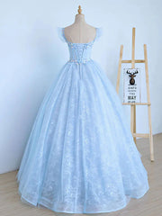 Formals Dresses Short, Blue Long Lace Floral Prom Dresses, Long Blue Lace Formal Evening Dresses with Flowers