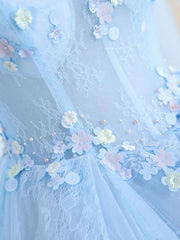 Formall Dresses Short, Blue Long Lace Floral Prom Dresses, Long Blue Lace Formal Evening Dresses with Flowers
