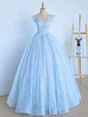 Formal Dress Short, Blue Long Lace Floral Prom Dresses, Long Blue Lace Formal Evening Dresses with Flowers