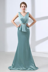 Prom Dresses 2033, Blue Mermaid Satin V-neck Backless Prom Dresses With Sash