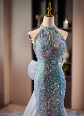 Blue Mermaid Sequins Halter Long Party Dress with Bow, Blue Sequins Prom Dress