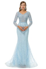 Bridesmaids Dress Styles, Neckline Long Sleeve Mermaid Lace Pattern Tulle Beading Prom Dresses