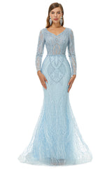 Bridesmaid Dresse Styles, Neckline Long Sleeve Mermaid Lace Pattern Tulle Beading Prom Dresses