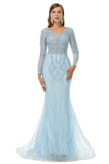 Bridesmaid Dress Stylee, Neckline Long Sleeve Mermaid Lace Pattern Tulle Beading Prom Dresses