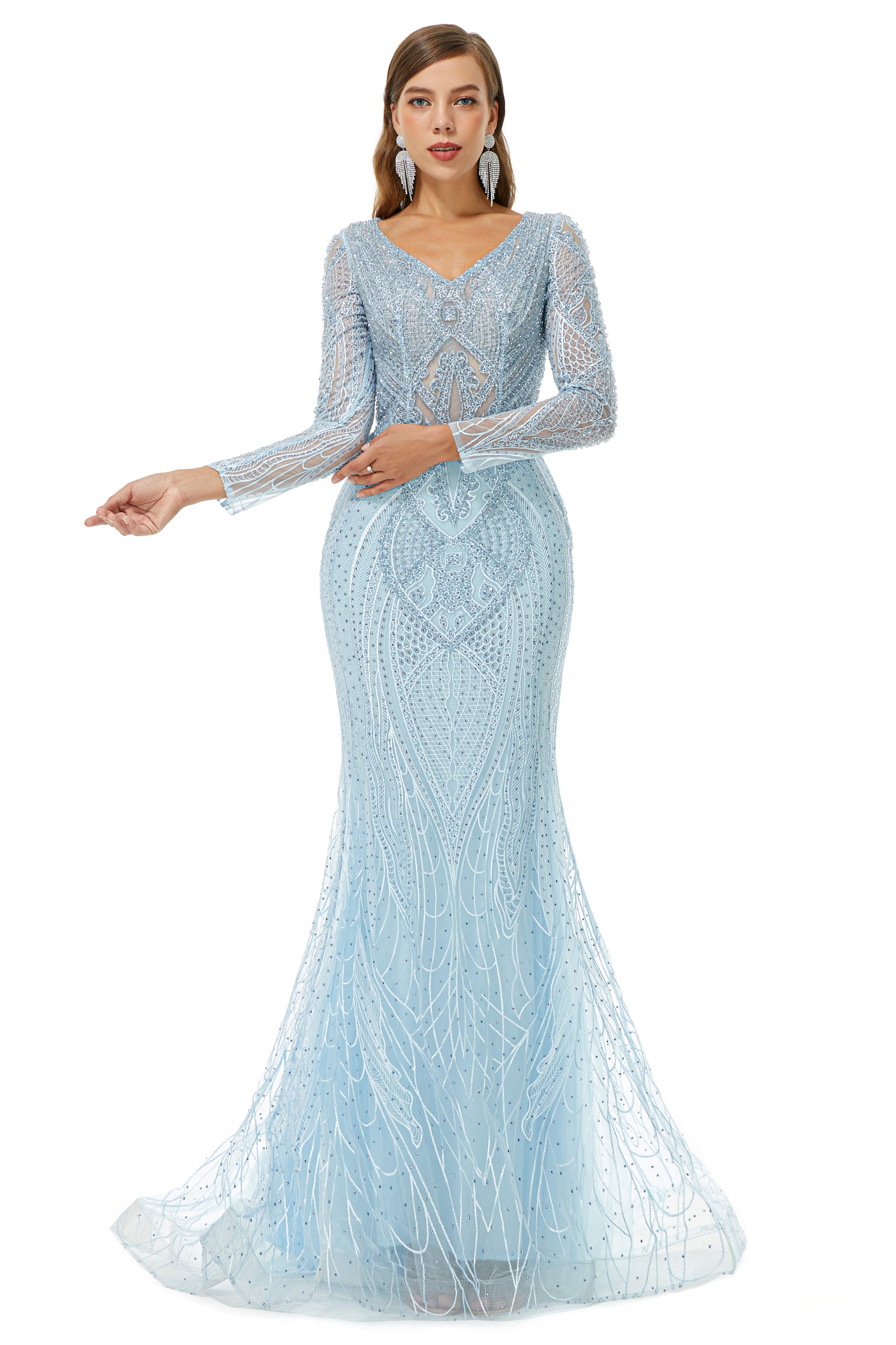 Bridesmaid Dress Style, Neckline Long Sleeve Mermaid Lace Pattern Tulle Beading Prom Dresses