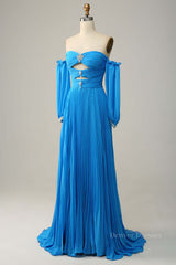 Evening Dresses Fitted, Blue Off-the-Shoulder Long Sleeves Cut-Out A-line Long Prom Dress