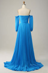 Evening Dresses Red, Blue Off-the-Shoulder Long Sleeves Cut-Out A-line Long Prom Dress