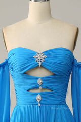 Evening Dress Style, Blue Off-the-Shoulder Long Sleeves Cut-Out A-line Long Prom Dress