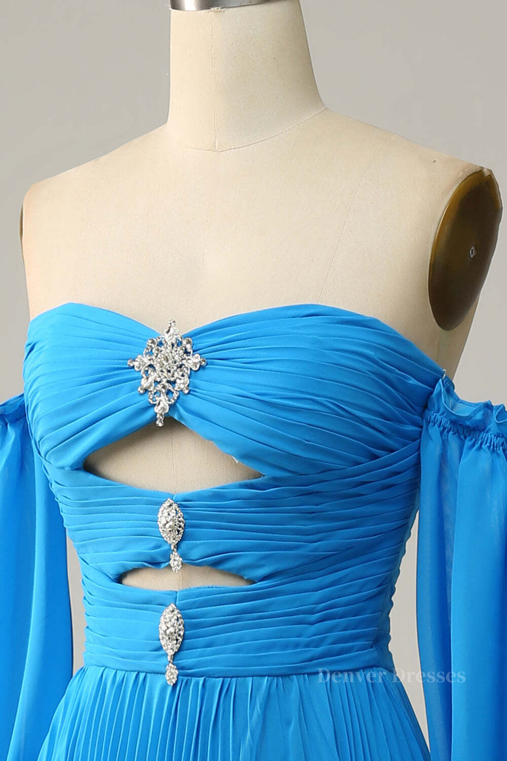 Evening Dress Styles, Blue Off-the-Shoulder Long Sleeves Cut-Out A-line Long Prom Dress
