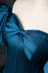 Bridesmaid Dresses Dark Green, Blue Off the Shoulder Satin Floor Length Prom Dress with Corset, Blue Evening Party Dress