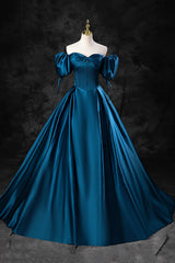 Braids, Blue Off the Shoulder Satin Floor Length Prom Dress with Corset, Blue Evening Party Dress