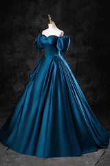 Bridesmaid Dresses Strapless, Blue Off the Shoulder Satin Floor Length Prom Dress with Corset, Blue Evening Party Dress