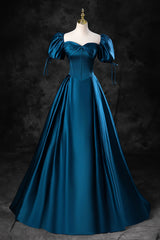 Bridesmaid Dress Dark Green, Blue Off the Shoulder Satin Floor Length Prom Dress with Corset, Blue Evening Party Dress